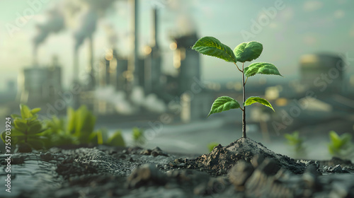 Growing plants in various environments There is a factory industry that emits pollution in the background. photo