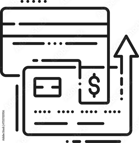Cryptocurrency direct payment technology, blockchain web transaction, Internet fintech linear icon. Digital payment and cryptocurrency business fintech outline vector icon with bank credit cards