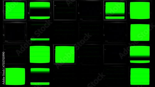 A green screen effect of a wall of tv screens flashing on and off. Chroma key the green to add media to the screens.
