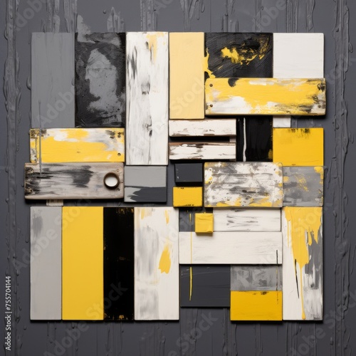 A grungy wood background with weathered painted planks in yellow, white, grey, and black colors. The planks are arranged in a haphazard manner, creating a visually interesting and textured surface.