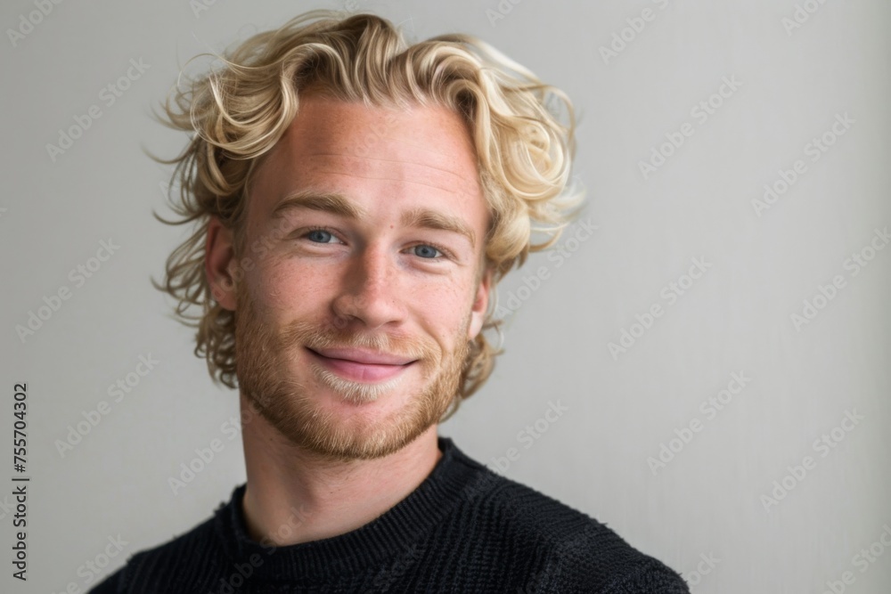 a closeup photo portrait of a handsome blonde scandinavian man smiling with clean teeth. for a dental ad. guy with fresh stylish hair with strong jawline. isolated on white background. 