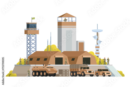 Vector military base building and vehicle or infographic elements military base buildings for city illustration