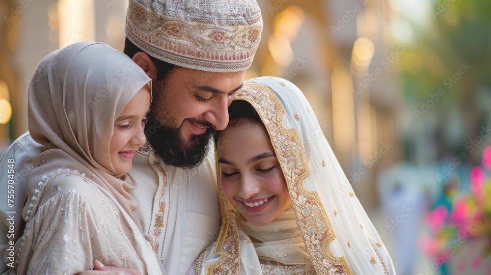 A joyful family gathering in their best attire, embracing each other after the Eid prayer, celebrating Eid al Fitr A joyful family gathering in their best attire, embracing each other after the Eid prayer, celebrating Eid al Fitr