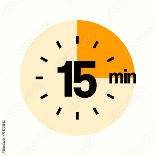 15 Minutes Timer Icon, Modern Sans Serif Design. Clock, Stopwatch,  Showing Fifteen Minutes Label Over Circle, Isolated Vector eps.
