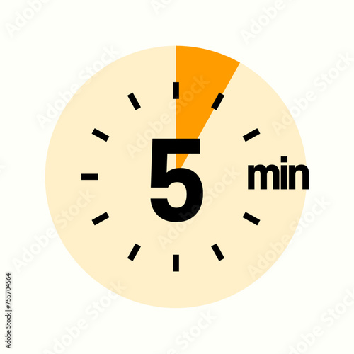 5 Minutes Timer Icon, Modern Sans Serif Design. Clock, Stopwatch,  Showing Five Minutes Label Over Circle, Isolated Vector eps.