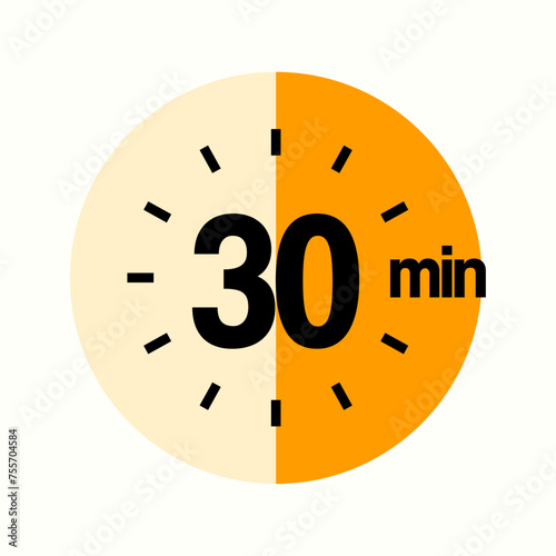 30 Minutes Timer Icon, Modern Sans Serif Design. Clock, Stopwatch,  Showing Thirty Minutes Label Over Circle, Isolated Vector eps.

