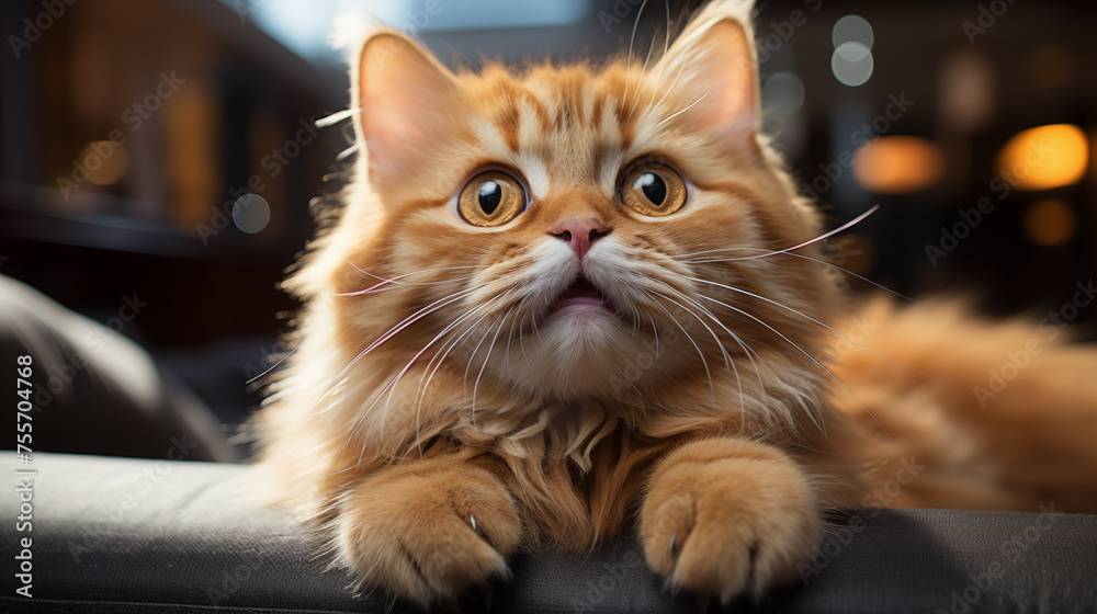 Fluffy ginger cat with wide eyes lying on a couch, indoor setting with soft lighting.