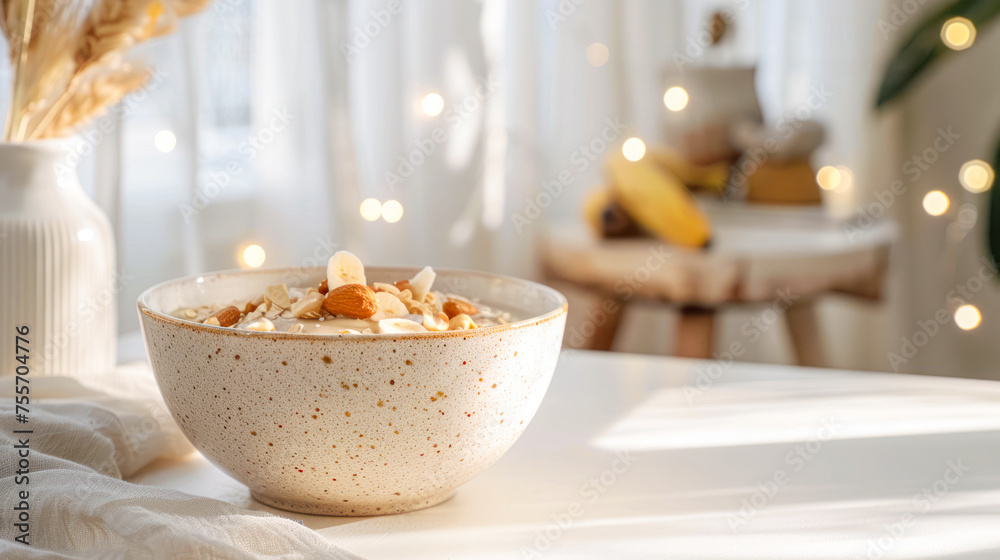 Healthy breakfast. Wheat porridge with peanut butter, nuts and banana in a bowl on the kitchen table background. Side view, copy space, product place. Healthy Vegetarian food recipe. oatmeal porridge Healthy breakfast. Wheat porridge with peanut butter, nuts and banana in a bowl on the kitchen table background. Side view, copy space, product place. Healthy Vegetarian food recipe. oatmeal porridge