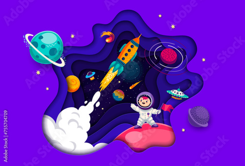 Cartoon galaxy space paper cut banner with rocket launch and kid astronaut, vector background. Outer space adventure and galaxy exploration with kid spaceman with spaceship, alien UFO and asteroids