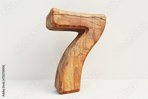 Cute wooden number 7 or seven as wooden shape, white background, 3D illusion, storybook style photo