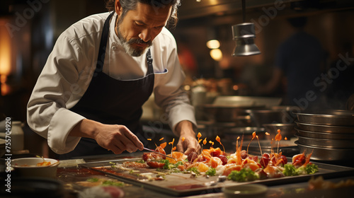 Professional chef garnishing dishes with precision in a dimly lit restaurant kitchen.
