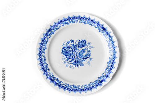 Φωτογραφία classical old-fashioned dish decorated with blue floral motifs from above, close