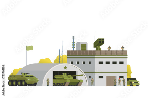 Vector military base building and vehicle or infographic elements military base buildings for city illustration photo