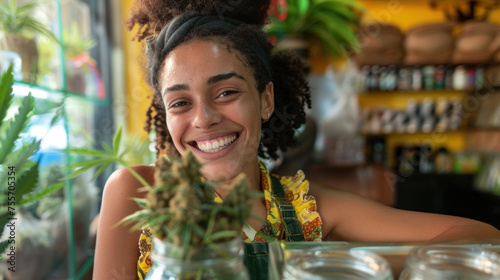 Smiling young white woman, budtender, worker of marijuana shop photo