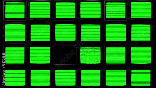 A grid of monitor screens with a green screen effect to key out and replace your own media