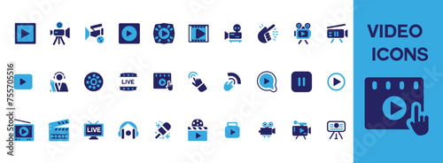 Video icon set. Containing camera, play, pause, media, online video, live, production, player, movie and cinema icons. Solid icon collection.