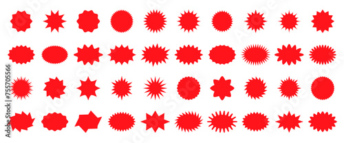 Red starburst sale price seals, callout stickers and splash labels, vector star rosette badges. Promotion sale and shop offer labels, sunburst stamps and tag silhouettes for price discount and promo