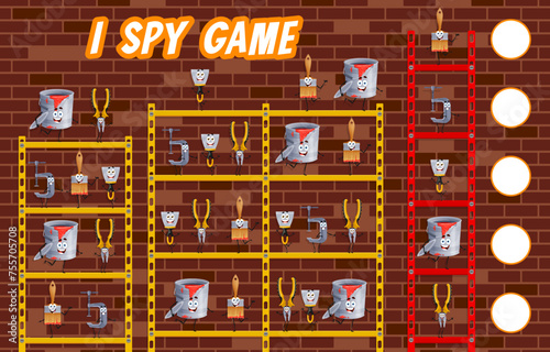 I spy game worksheet with cartoon DIY and repair tools characters, vector puzzle quiz. Kids game to find and match same funny tools of carpentry vise, woodworking pliers and paintbrush with bucket
