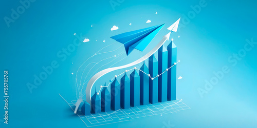 Growth graph isolated on blue background with blue paper plane, a banner with space for text