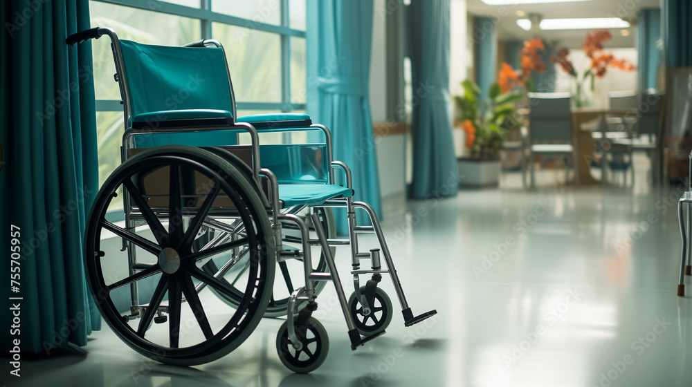 Wheelchair in Modern Hospital Corridor
