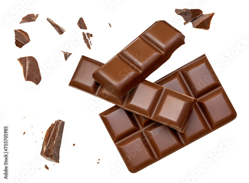 Milk chocolate explosion isolated on white background. Chocolate broken into pieces in the air with shatters, crumbs  and chocolate bar close up. Top view. Flat lay.