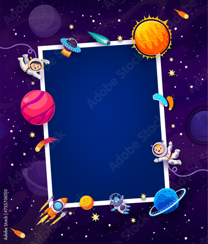 Birthday photo frame with kid astronauts in galaxy space and alien UFO, cartoon vector background. Photo frame border with kid spaceman, rocket spaceship on Saturn planet and asteroids in starry sky
