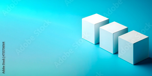 3d render of three white cubes isolated on blue background, a banner with space for text