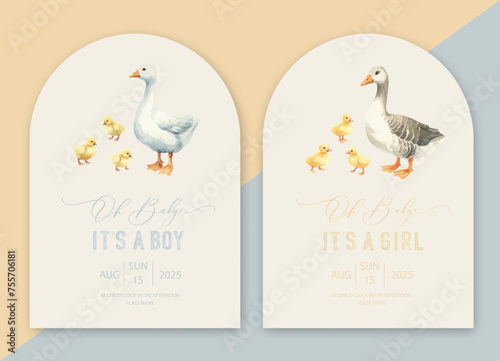 Cute baby shower watercolor arch invitation card with mother goose and little goslings. Oh baby calligraphy,