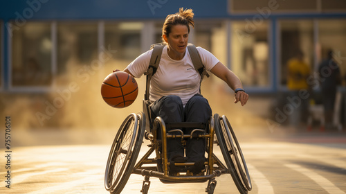 A Disabled Woman Is Playing Basketball On The Court While Riding Around In Her Wheelchair