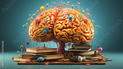 Creative brain concept with colorful books and gears on teal background, imagination, knowledge