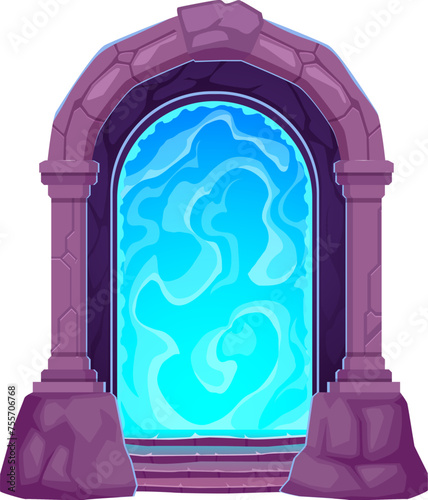 Game cartoon magic portal door or fantasy gate. Magic dimension blue portal or stone arch door with stone columns and steps, fantastic world entrance or fantasy game planet gate isolated vector asset