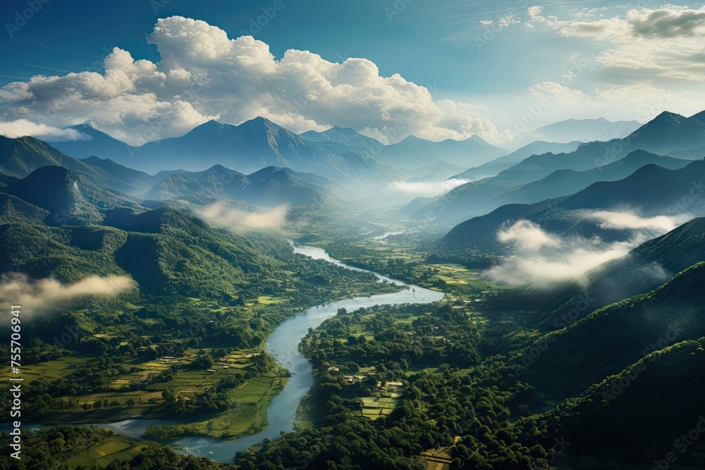 Landscape of Venezuela with river and mountains. Aerial drone view. Generative AI Art. Beautiful view.