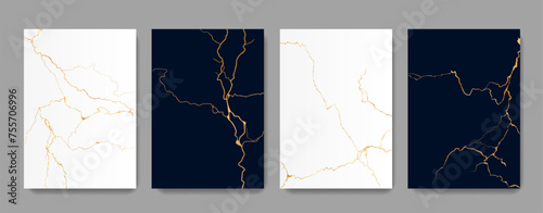 Kintsugi golden cracks texture on marble, backgrounds with pattern for vector tile. Broken marble effect with gold foil lines of crackles in black and white stone, Kintsugi or Kintsukuroi ceramic art