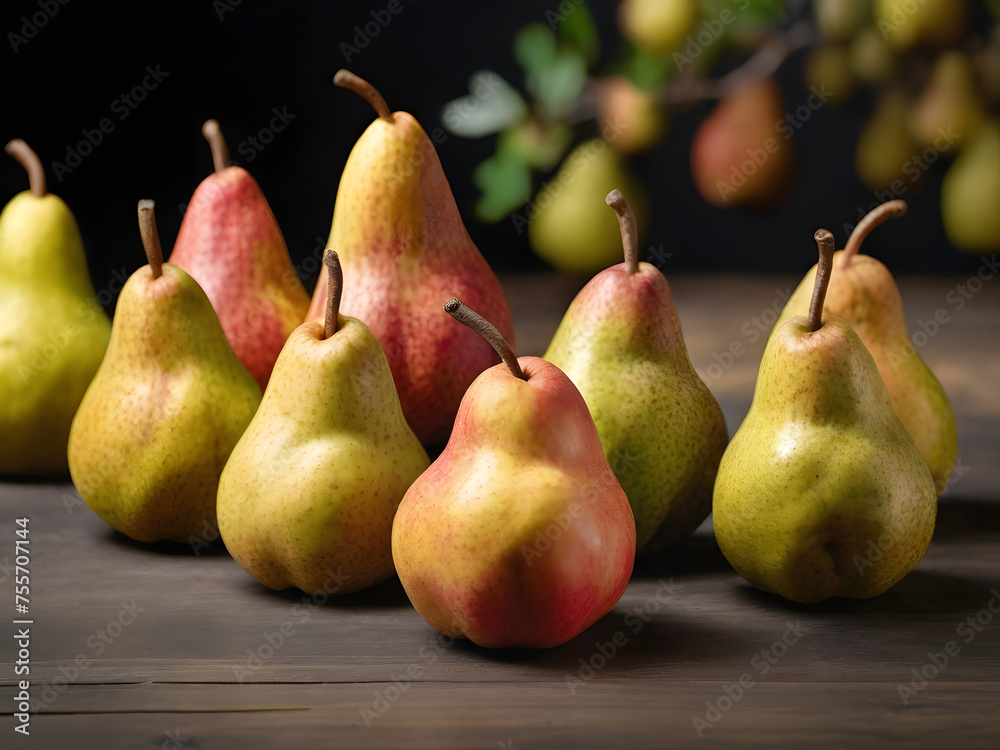 A lineup of different pear varieties with distinct shapes and colors. A lineup of different pear varieties with distinct shapes and colors.