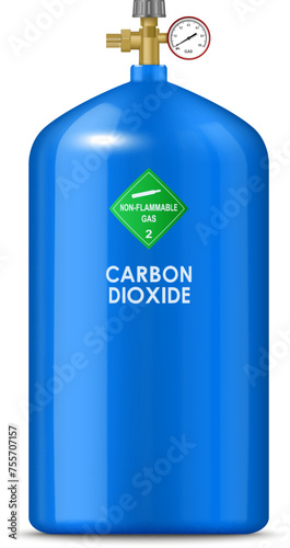 Realistic gas cylinder with carbon dioxide, compressed gas metal balloon. Isolated vector blue, durable container filled with non-flammable CO2 content, suitable for industrial or medical purposes