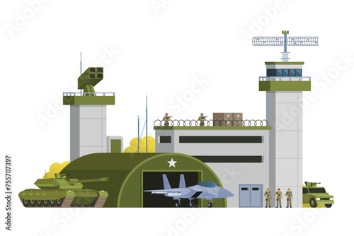 Vector military base building and vehicle or infographic elements military base buildings for city illustration