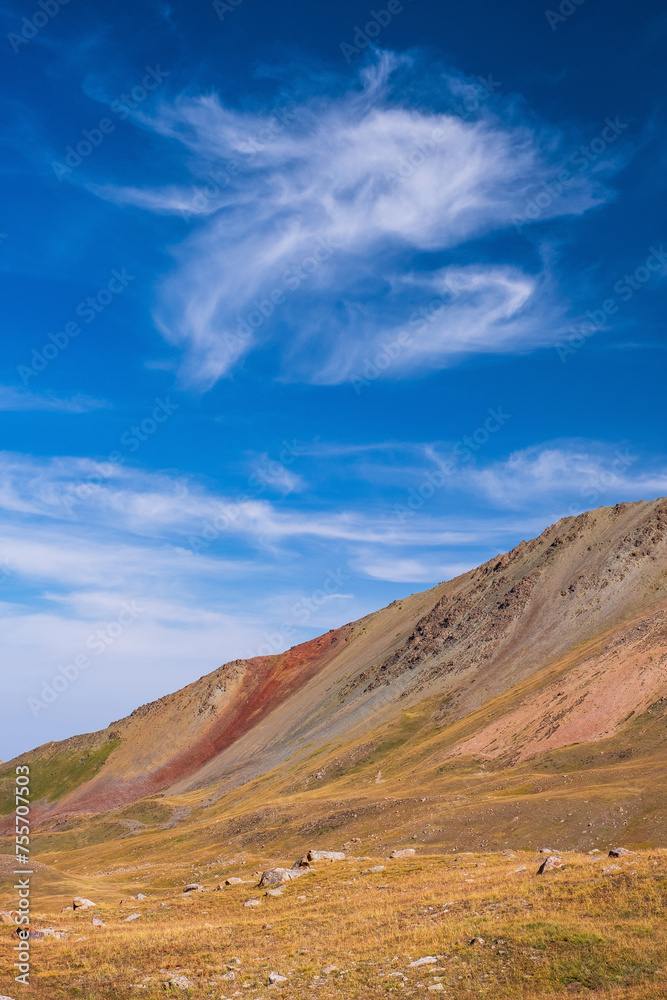 Mountain slope of a peak with colorful screes in the highlands with alpine meadows in the autumn season; wonderful landscape with blue sky and cyrus clouds Mountain slope of a peak with colorful screes in the highlands with alpine meadows in the autumn season; wonderful landscape with blue sky and cyrus clouds