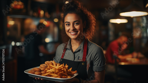Smiling waitress serving a plate of fries in a cozy restaurant setting.