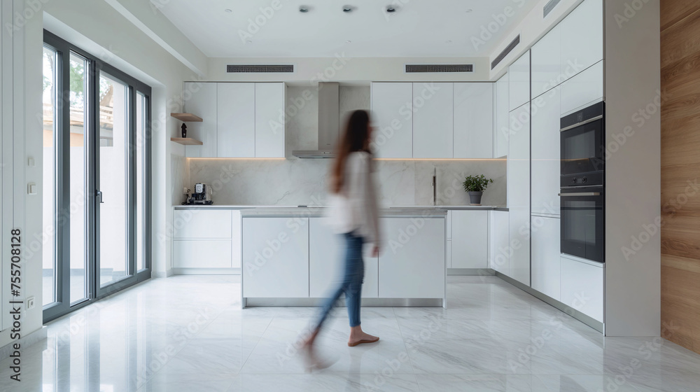 Blurred motion of a woman walking in a modern kitchen with white cabinets and wooden accents.