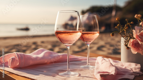 Two glasses of rosé wine on a beach picnic at sunset, with soft focus background.