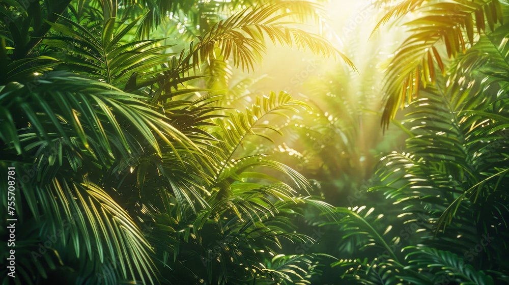 A lush green jungle with sunlight shining through the leaves