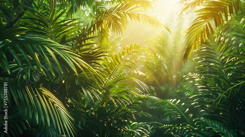 A lush green jungle with sunlight shining through the leaves photo