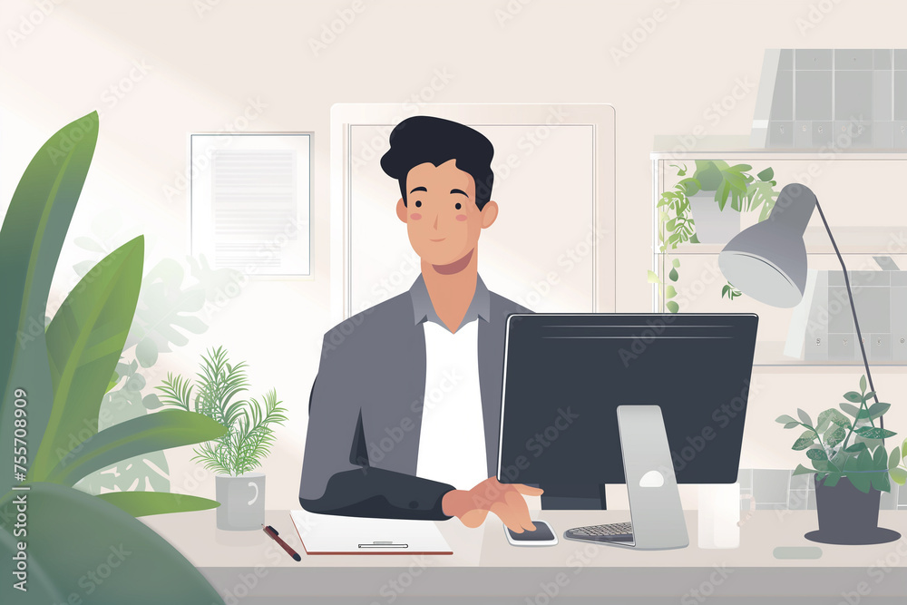 Businessman seated on a chair and working with a laptop computer device in minimalist office workspace background, business infographics elements, man works at office, work from home freelance concept Businessman seated on a chair and working with a laptop computer device in minimalist office workspace background, business infographics elements, man works at office, work from home freelance concept