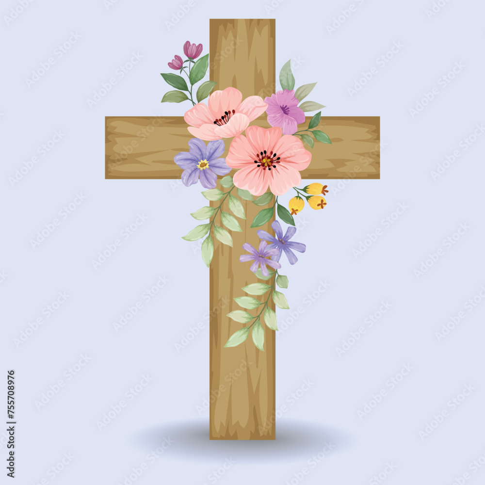 Wood crosses decorated with flowers, Easter religious symbol