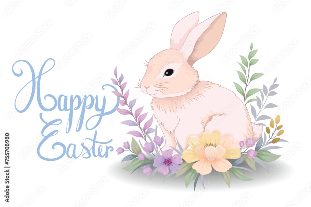 Happy Easter. Cute Easter bunny with flowers for decoration. Happy Easter. Cute Easter bunny with flowers for decoration.