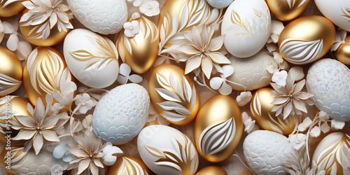 White and gold easter eggs with floral ethnic pattern on dark background. Happy Easter concept. Simple spring pattern for greeting card, banner, poster. Top view, flat lay