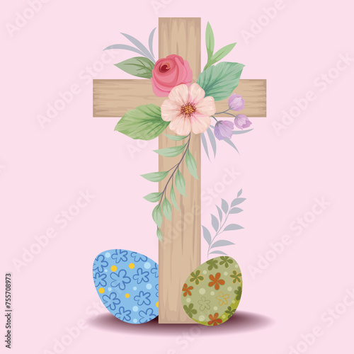 Wood crosses decorated with flowers, Easter religious symbol for the design of church holidays