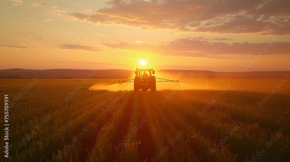 Fototapeta premium Tractor spraying pesticides on soybean field with sprayer at sunset