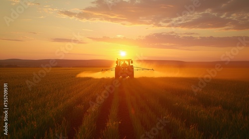 Tractor spraying pesticides on soybean field with sprayer at sunset