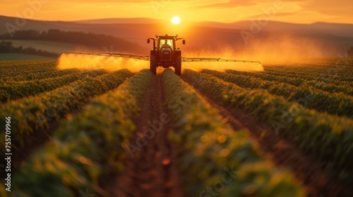 Tractor spraying pesticides on soybean field with sprayer at spring